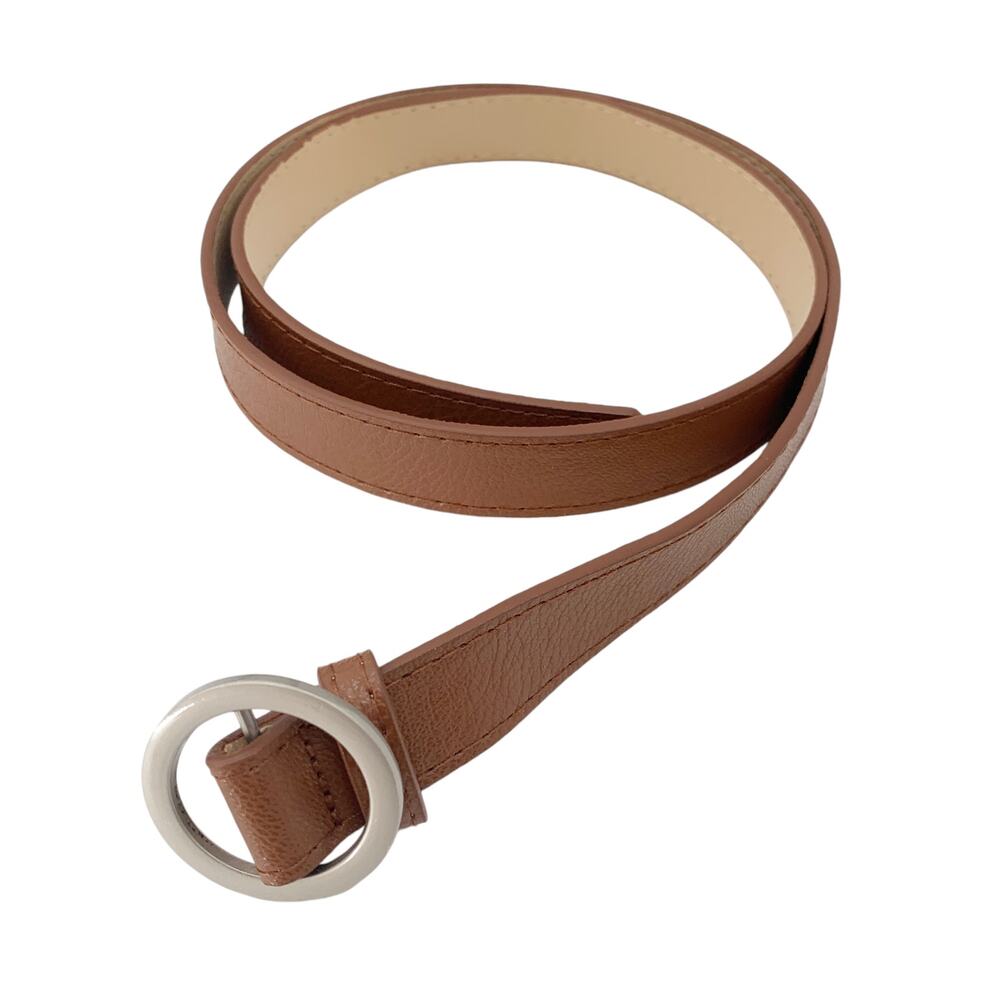 BELT Camel Tan NEW 41" Long Vegan Leather Adjustable Belt Silver Metal - Picture 3 of 5
